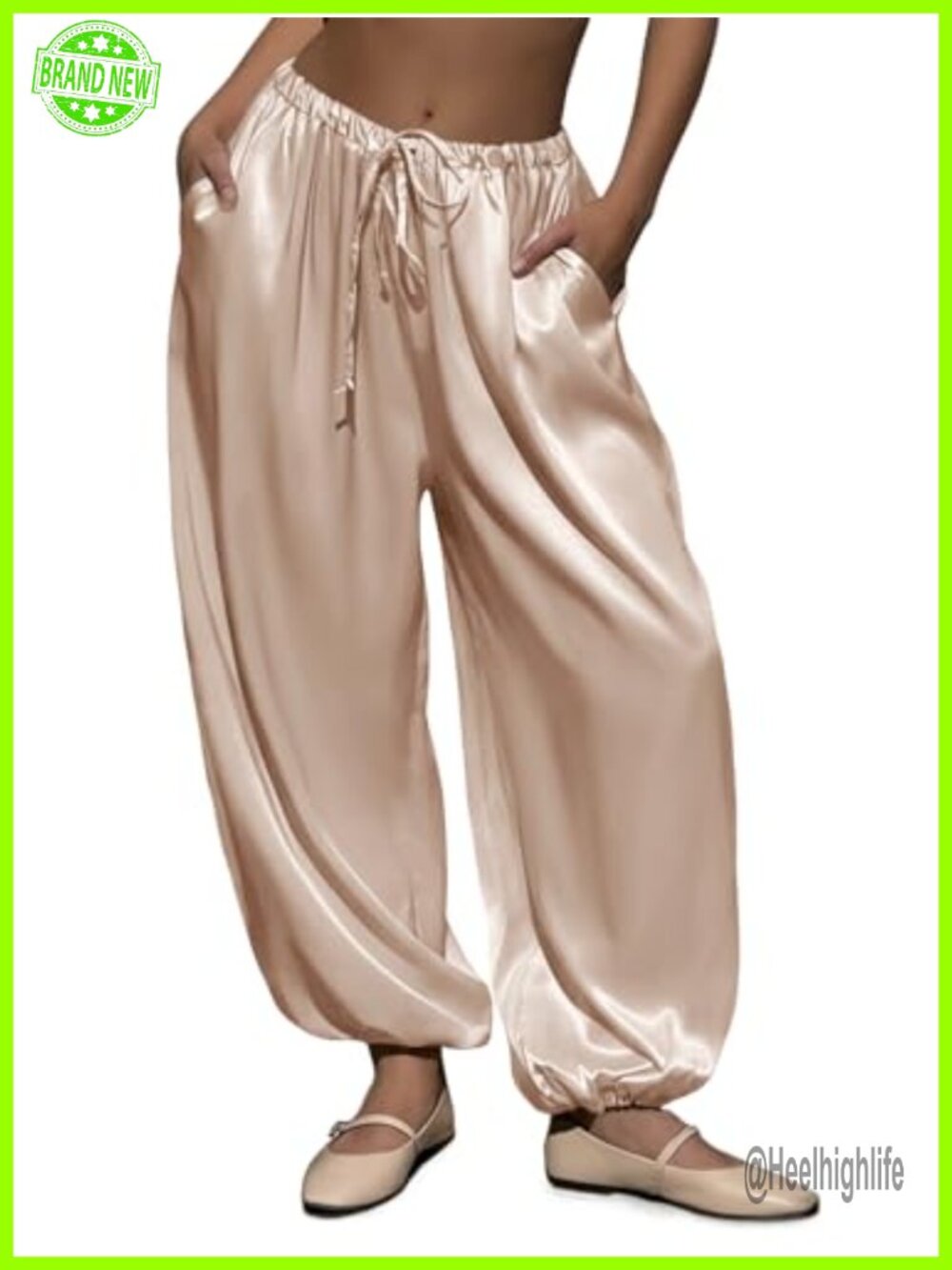 Satin Harem Pants Elastic Waist Drawstring Loose Track Pants with Pockets